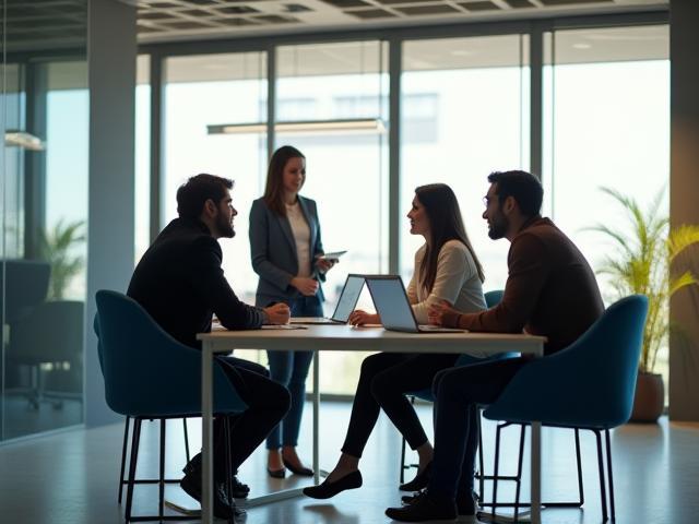 Equipo colaborando en un entorno moderno de oficina